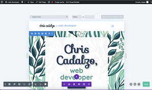 tablet version of a web developer's home page, shown in the Divi visual builder.